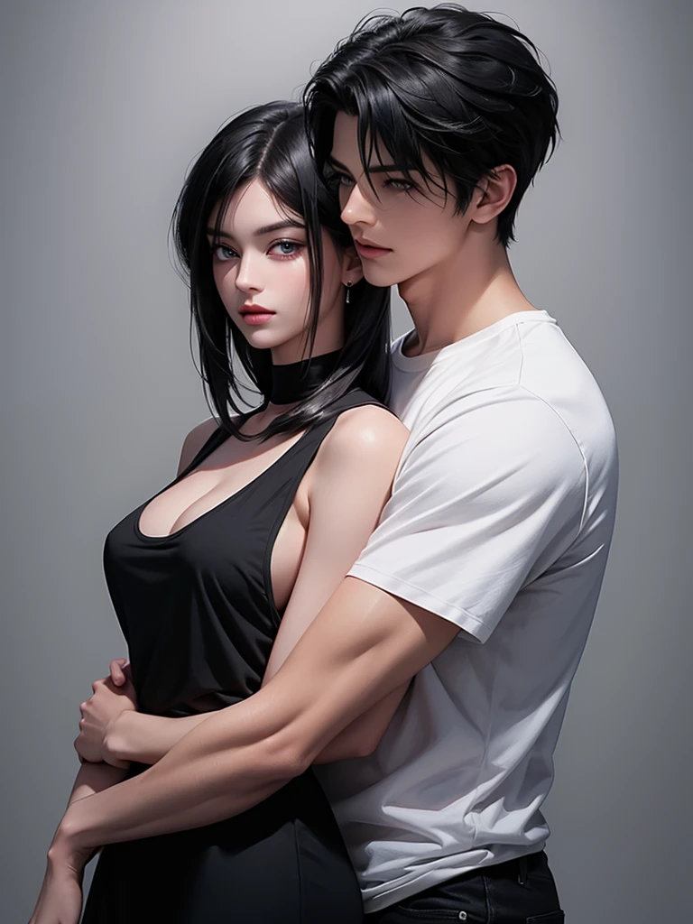 A tall handsome young man with black hair, with long black hair gathered in a tight ponytail, short bangs, black eyes, he is wearing a white T-shirt and white jeans, he hugs an incredibly beautiful femme fatale young woman, she has a pink hair with a very short haircut standing next to him, she has brilliant green eyes, She is wearing a simple black dress. Masterpiece, perfect image, realistic pictures, detailed face study, full-length image, 8k, detailed image. an extremely detailed illustration, a real masterpiece of the highest quality, with careful drawing. Sasuke Uchiha and Sakura Haruno