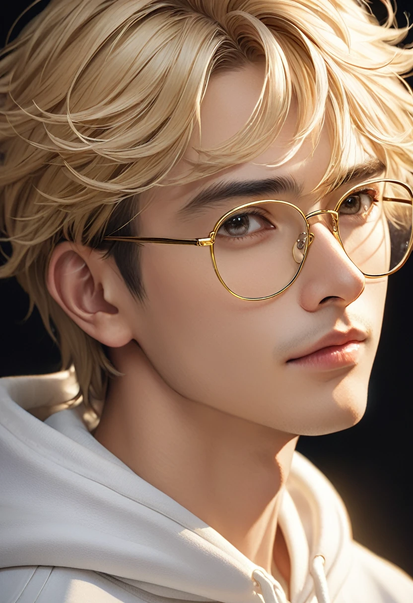       A handsome mature young boy wearing gold-rimmed glasses takes a photo of his face. Close-up of a blond-haired man wearing gold-rimmed glasses( perfect anatomy ) Face side close-up. 

            Detailed face. realistic eyes. The face and eyes are very detailed. Delicate skin.、Delicate skin texture smile, 

                White hoodie dark shadow background, soft light, Professional photography master&#39;Artworks, texture, complicated, Clear,

               High-quality masterpieces，Extremely complicated and exquisitely detailed, Super detailed, Super detailed digital art