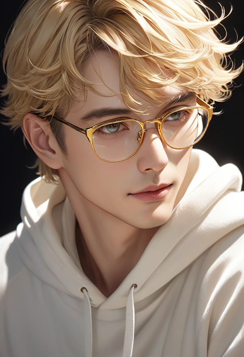 A handsome mature young boy wearing gold-rimmed glasses takes a photo of his face. Close-up of a blond-haired man wearing gold-rimmed glasses( perfect anatomy ) Face side close-up.
Detailed face. realistic eyes. The face and eyes are very detailed. Delicate skin.、Delicate skin texture smile,
White hoodie dark shadow background, soft light, Professional photography master'Artworks, texture, complicated, Clear,
High-quality masterpieces,Extremely complicated and exquisitely detailed, Super detailed, Super detailed digital art