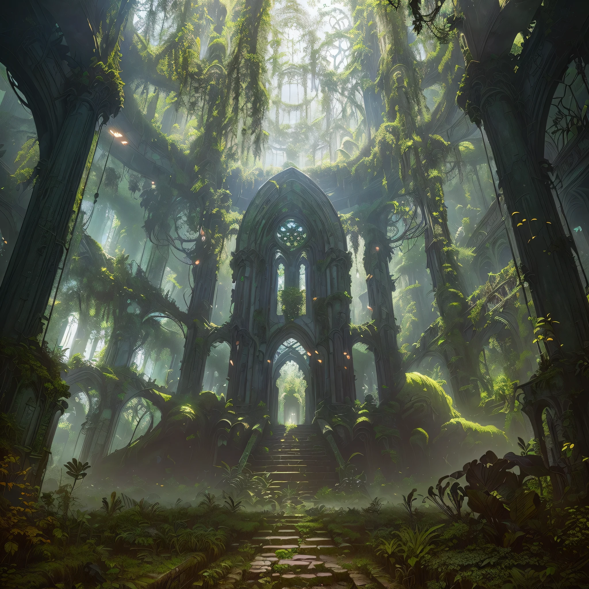 there is a large building with a lot of plants and animals in it, award winning concept artist, unreal engine fantasy art, fantasy overgrown world, secret overgrown temple, art nouveau jungle environment, mystical sci-fi concept art, ancient ruins in the forest, a massive cathedral in a forrest, ancient magical overgrown ruins, detailed 4k concept art