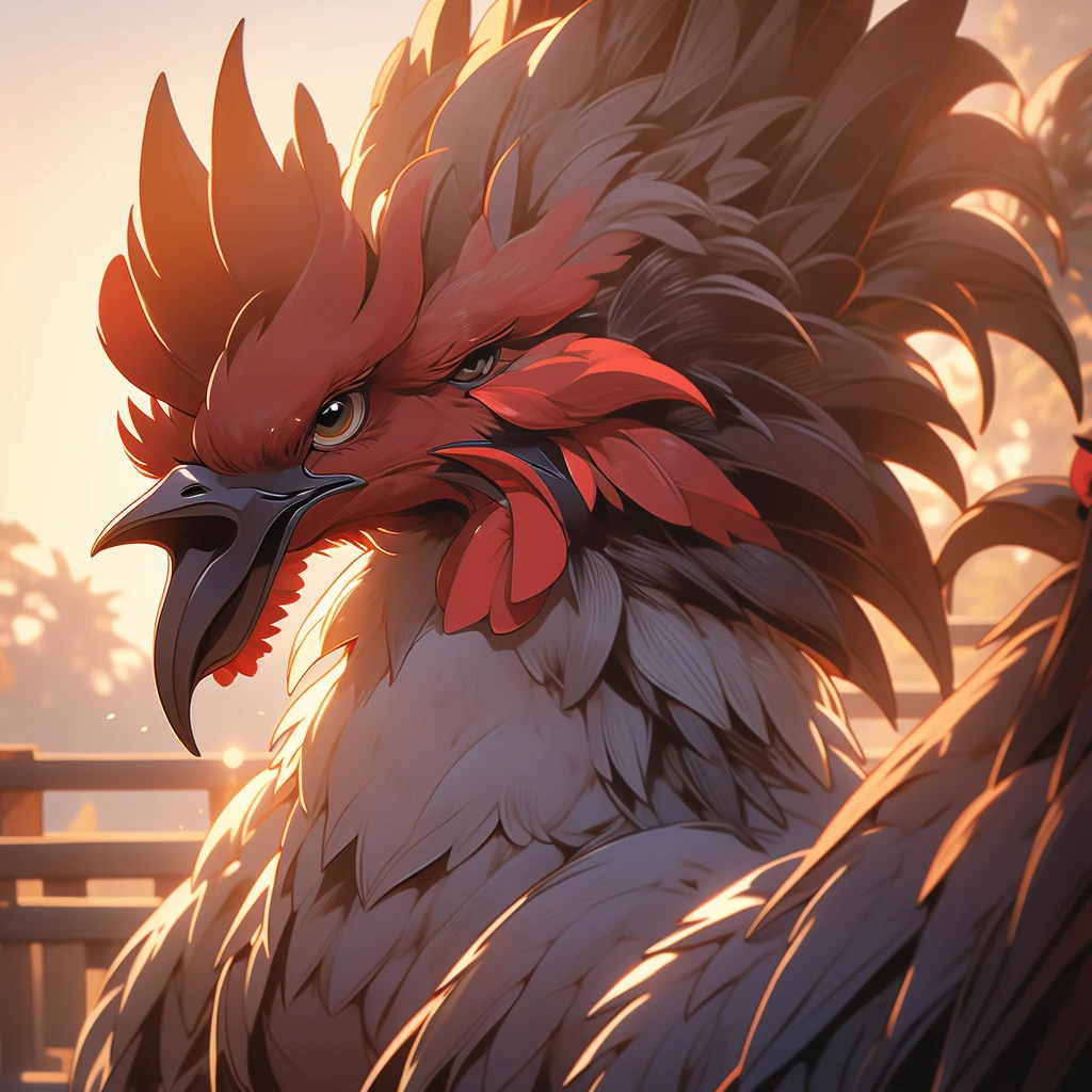 Close up view of a rooster in the morning light.