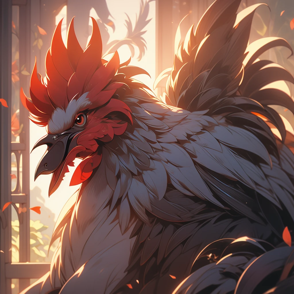 Close up view of a rooster in the morning light.