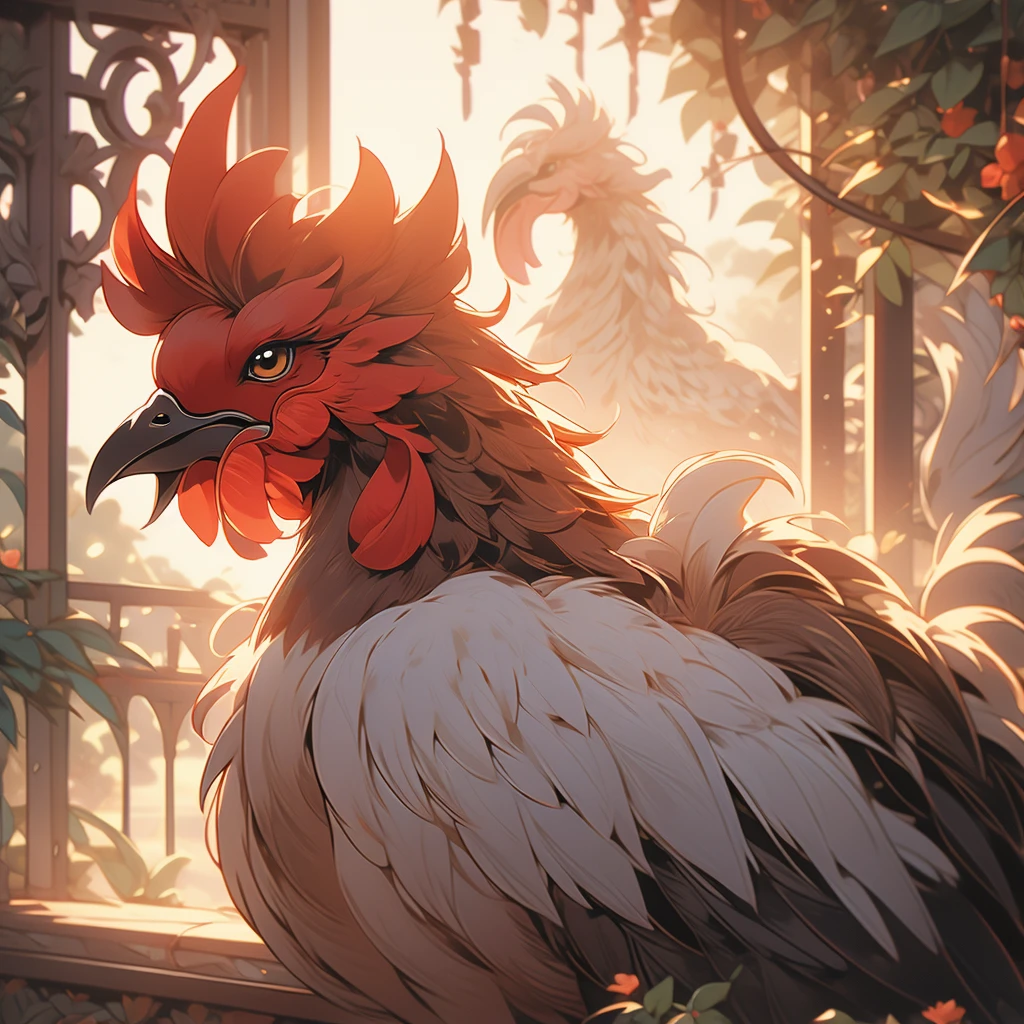 Close up view of a rooster in the morning light.