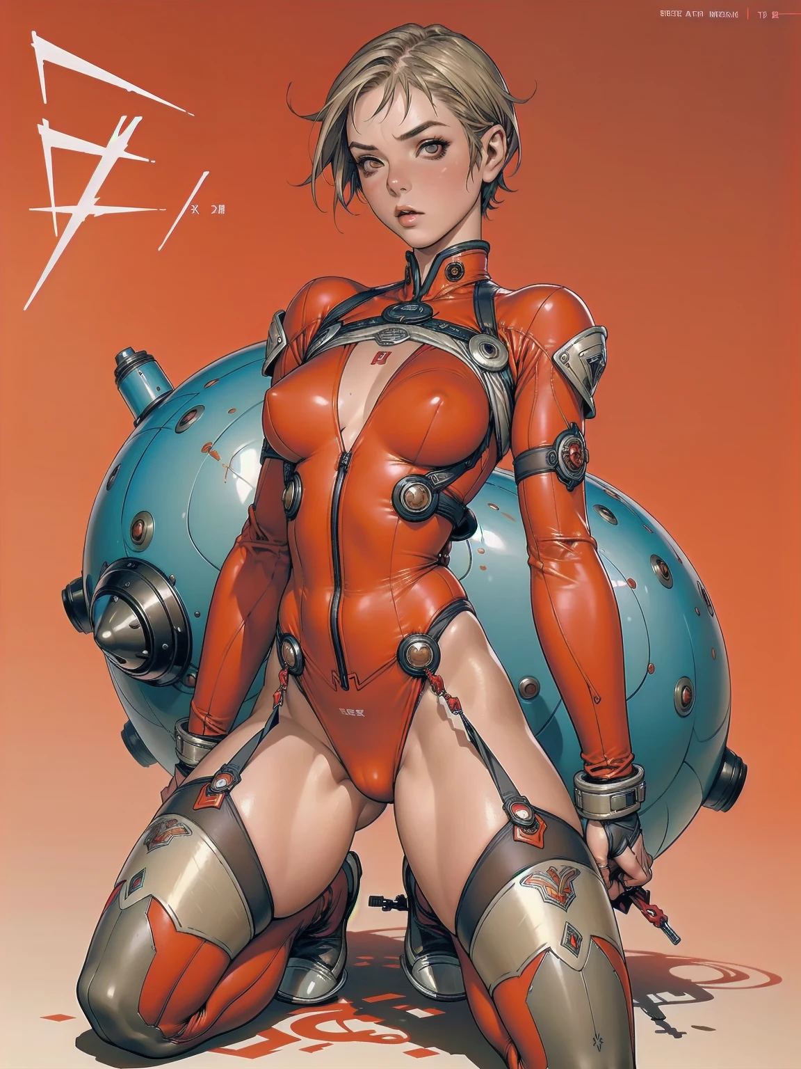 A athletic 25-year-old Russian warrior woman almost naked in the Simon Bisley style for the cover of Heavy Metal magazine, bare thighs, garter belt, super short blonde hair, Minimum clothing, red carbon fiber clothing in chevron pattern, ((((red clothing))), (((short-cut))), ((Annie Lennox)), (((mature woman))), full body, ((best qualityer)), (((clothes 100% light blue))), (((slim))), (Muscles), (((Red suit))), ((Perfect masterpiece)), (detailded: 1.4), (absurdrez), (((Bob Hair))), (((full body fitness, neckline showing part of the breasts)), (((short hair woman, blushful))), 21 year old woman, beautiful sexy woman, giant robot pilot, wild with perfect corpo fitness, wearing small mecha battle armor clothes, tiny thong, Simon Bisley styled for the cover of Heavy Metal magazine, clothing with Japanese cyberpunk graphic patterns, Halftone pattern and vertical stripes, earth tone, exiting the body of a giant robot