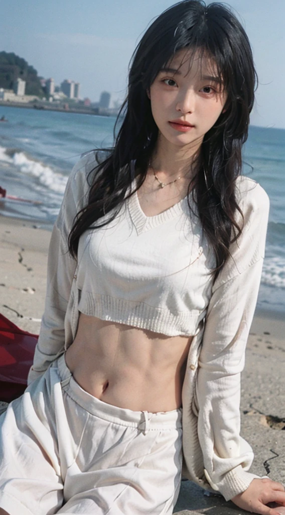 Best quality, Ultra-high resolution, (Realistically:1.4),Cute hairpin,1 Girl,Red long hair,Quartered sweater ,Beautiful slim woman:1.4, Visible abdominal muscles,on the beach,Ultra-thin face,Exquisite eyes,Double eyelids,Necklace