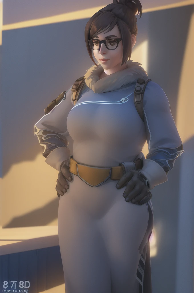 A confident woman in a fur-trimmed coat, hands on her hips, gazing at the horizon with a gentle smile, her brown eyes framed by glasses, her hair in a bun secured by a hair stick, standing in an Antarctic landscape bathed in sunlight, (best quality,4k,8k,highres,masterpiece:1.2),ultra-detailed,(realistic,photorealistic,photo-realistic:1.37),HDR,UHD,studio lighting,ultra-fine painting,sharp focus,physically-based rendering,extreme detail description,professional,vivid colors,bokeh,