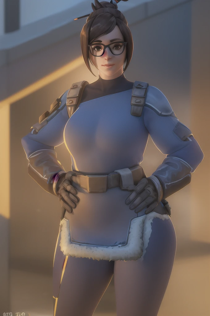A confident woman in a fur-trimmed coat, hands on her hips, gazing at the horizon with a gentle smile, her brown eyes framed by glasses, her hair in a bun secured by a hair stick, standing in an Antarctic landscape bathed in sunlight, (best quality,4k,8k,highres,masterpiece:1.2),ultra-detailed,(realistic,photorealistic,photo-realistic:1.37),HDR,UHD,studio lighting,ultra-fine painting,sharp focus,physically-based rendering,extreme detail description,professional,vivid colors,bokeh,