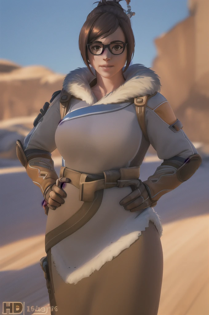 A confident woman in a fur-trimmed coat, hands on her hips, gazing at the horizon with a gentle smile, her brown eyes framed by glasses, her hair in a bun secured by a hair stick, standing in an Antarctic landscape bathed in sunlight, (best quality,4k,8k,highres,masterpiece:1.2),ultra-detailed,(realistic,photorealistic,photo-realistic:1.37),HDR,UHD,studio lighting,ultra-fine painting,sharp focus,physically-based rendering,extreme detail description,professional,vivid colors,bokeh,