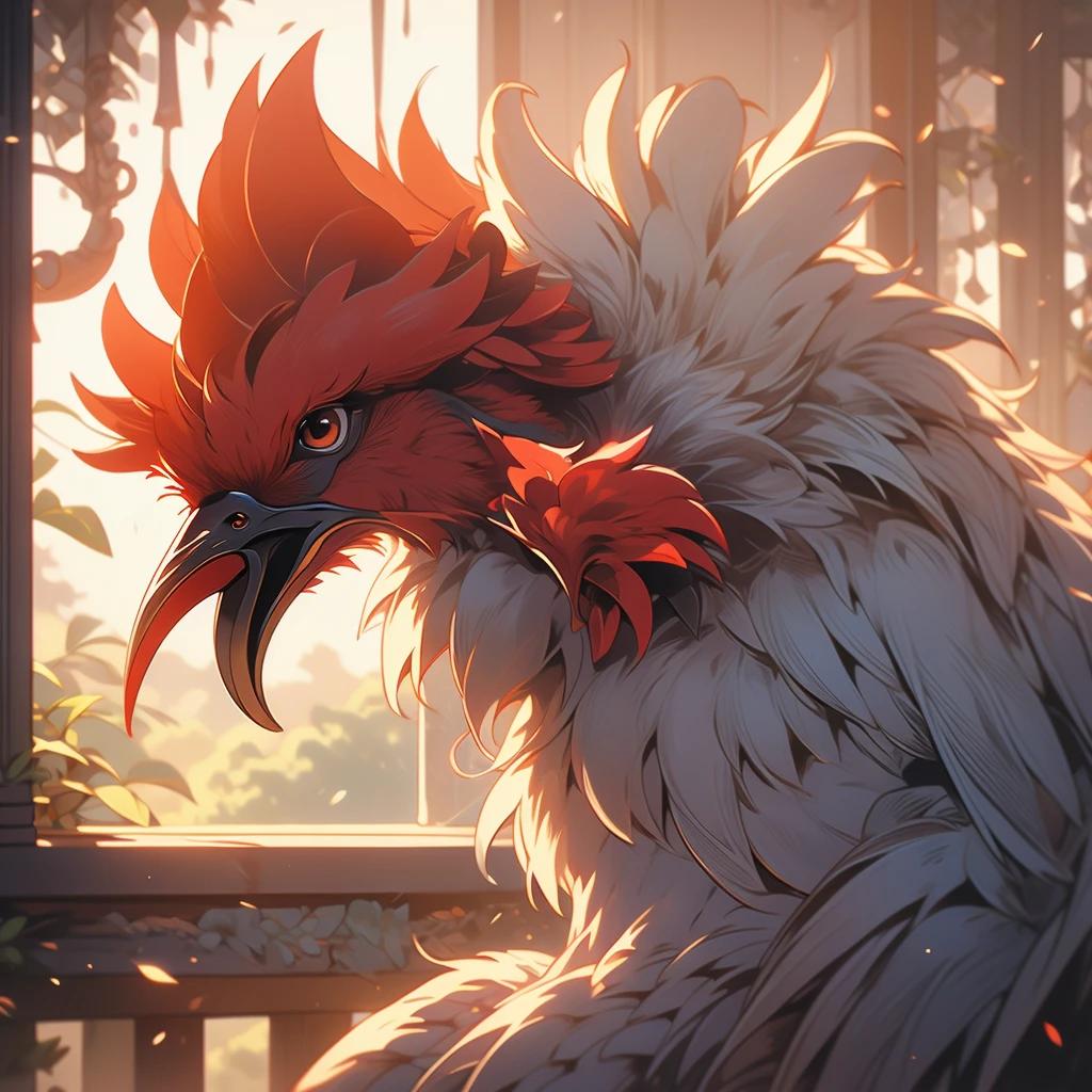Close up view of a rooster in the morning light.