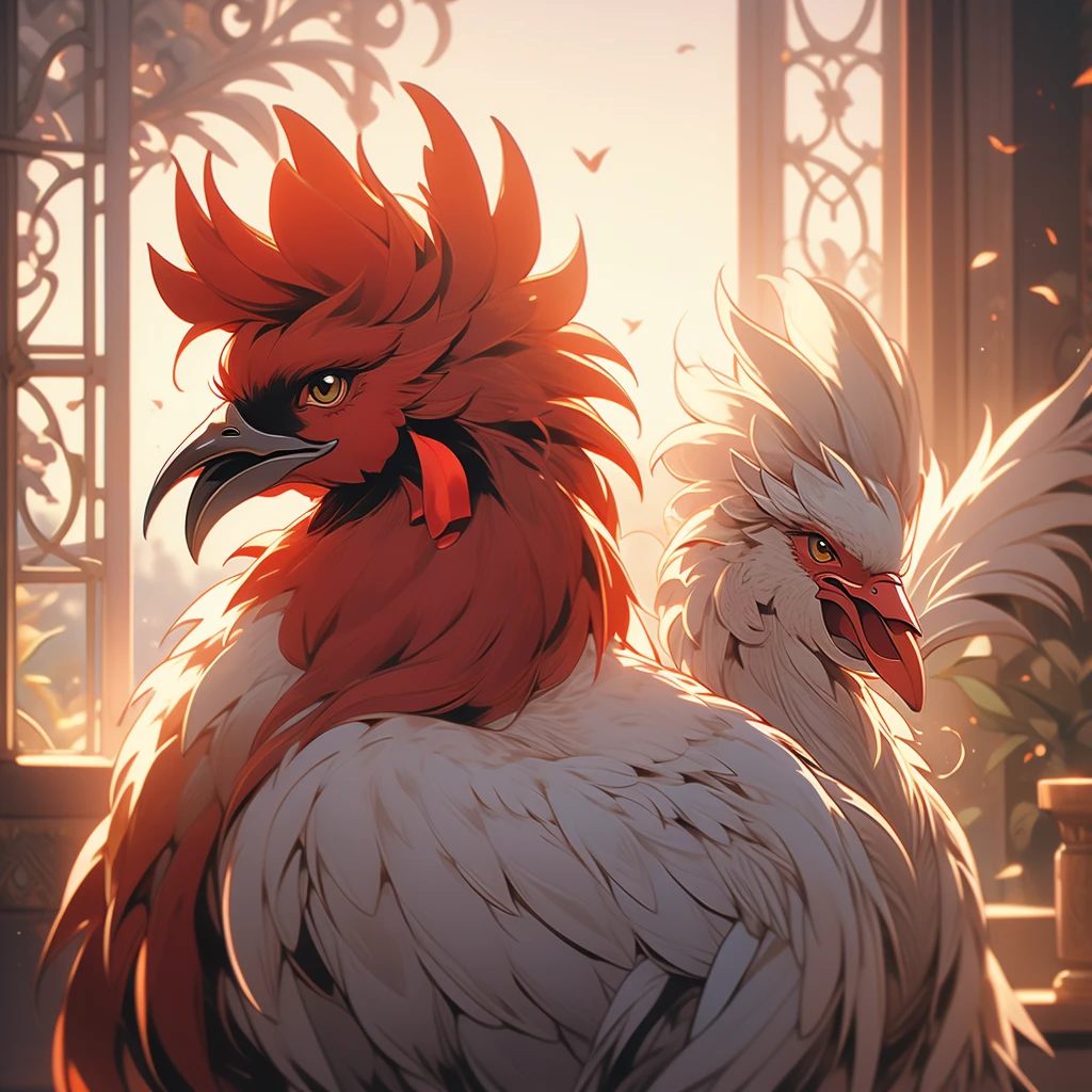 Close up view of a rooster in the morning light.