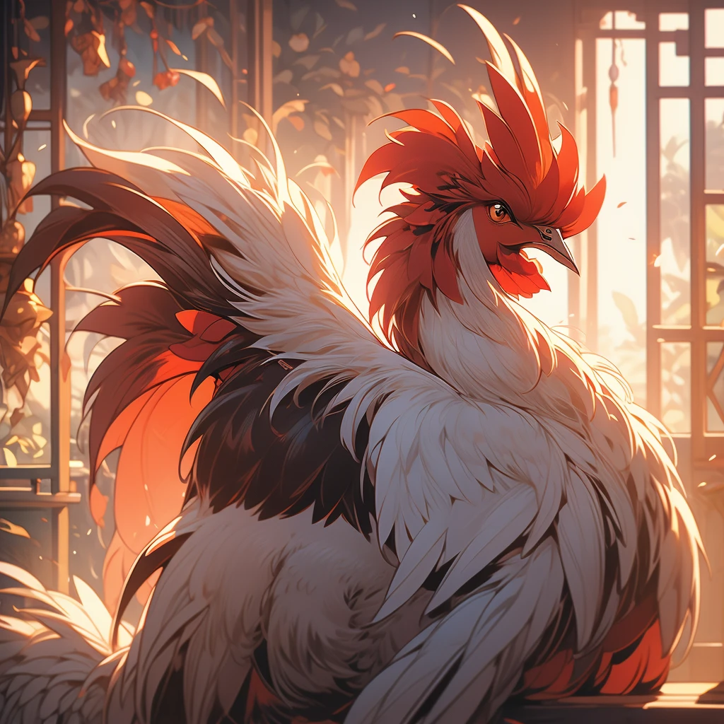 Close up view of a rooster in the morning light.