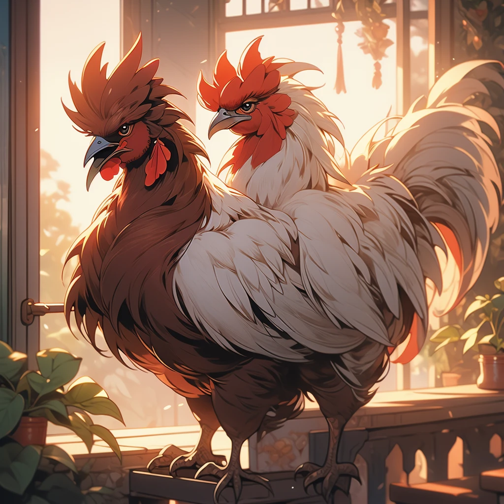 Close up view of a rooster in the morning light.