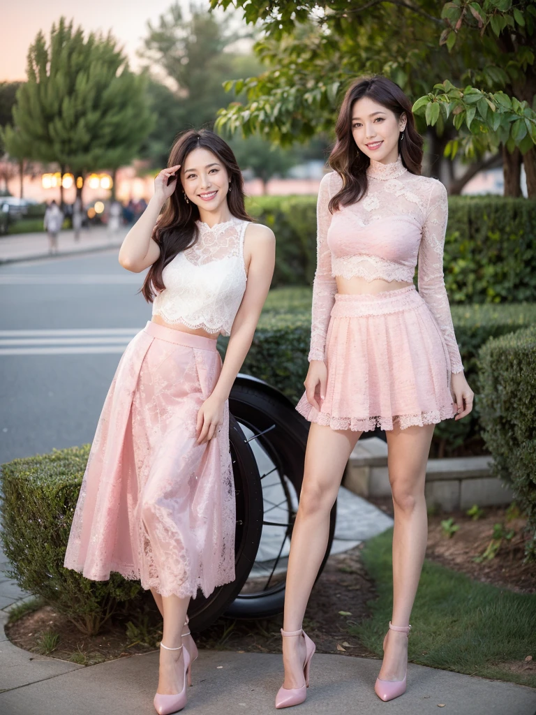 最high quality, 8K, Masseter area, Energetic, Clear focus, high quality, high resolution, Delicate face, Fine particles, thick lips, (Looking at the audience), Solitary, Beautiful woman, 38 years old, Plum, Black long hair, (Light pink lace skirt:1.5),evening,In front of the park garden,(Standing in the park:1.5)、((Smile:1.5))、((Wearing black high heels)),Tall