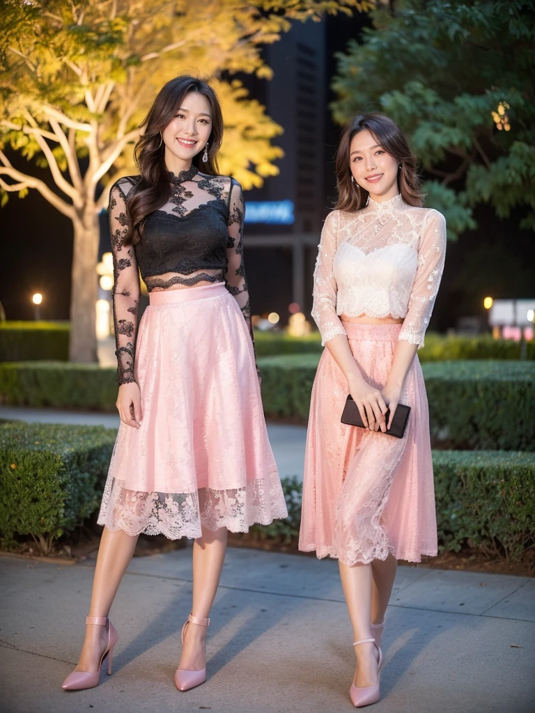 最high quality, 8K, Masseter area, Energetic, Clear focus, high quality, high resolution, Delicate face, Fine particles, thick lips, (Looking at the audience), Solitary, Beautiful woman, 38 years old, Plum, Black long hair, (Light pink lace skirt:1.5),evening,In front of the park garden,(Standing in the park:1.5)、((Smile:1.5))、((Wearing black high heels)),Tall