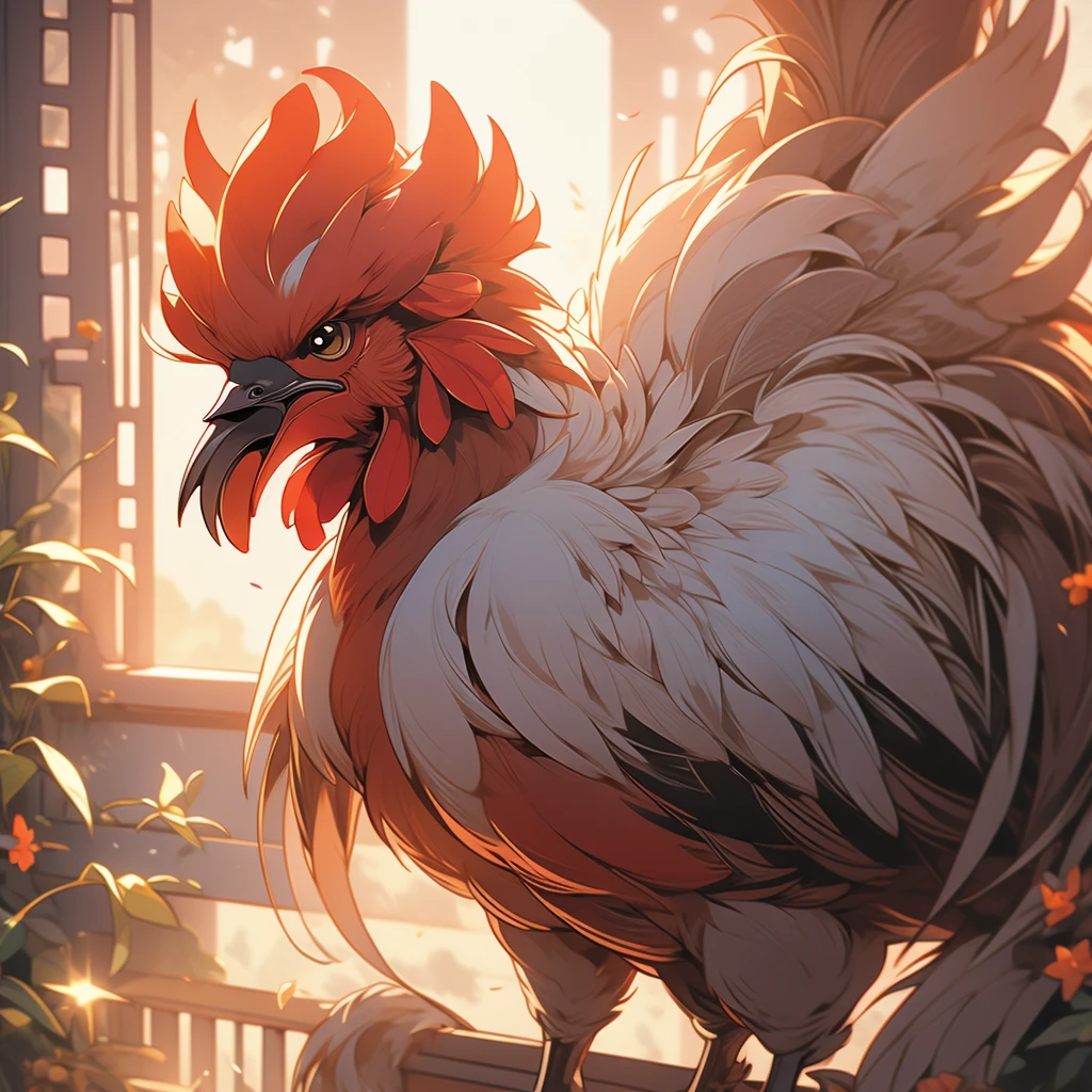 Close up view of a rooster in the morning light.