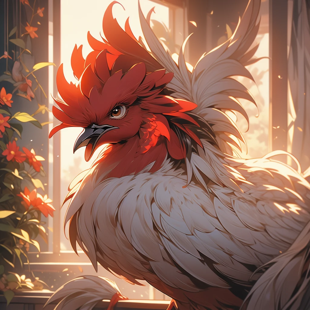 Close up view of a rooster in the morning light.