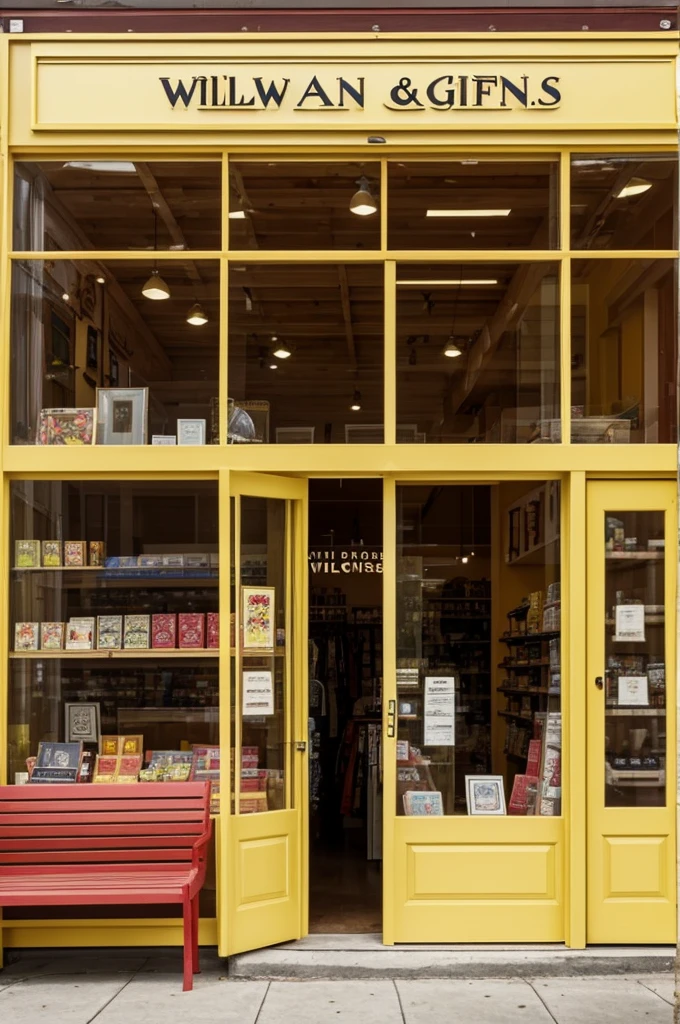 A store with two sliding glass doors, The store is yellow and has a sign at the top that says: Wilma Gifts and News, There is a wooden bench outside the store and it has a red bench