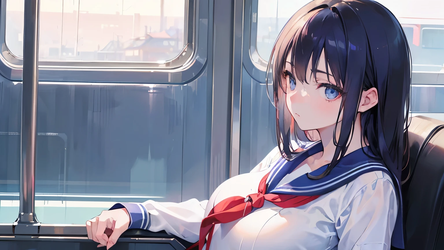 Woman looking out train window, profile, ((Masterpiece, Top Quality, High Resolution)), 1 Japanese girl, (Realistic: 1.4), Nice face and eyes, iris, Medium hair, (Beautiful hair: 1.5), (Lean figure: 1.2), Glowing skin, (Sailor suit: 1.2), Train seat, Smooth