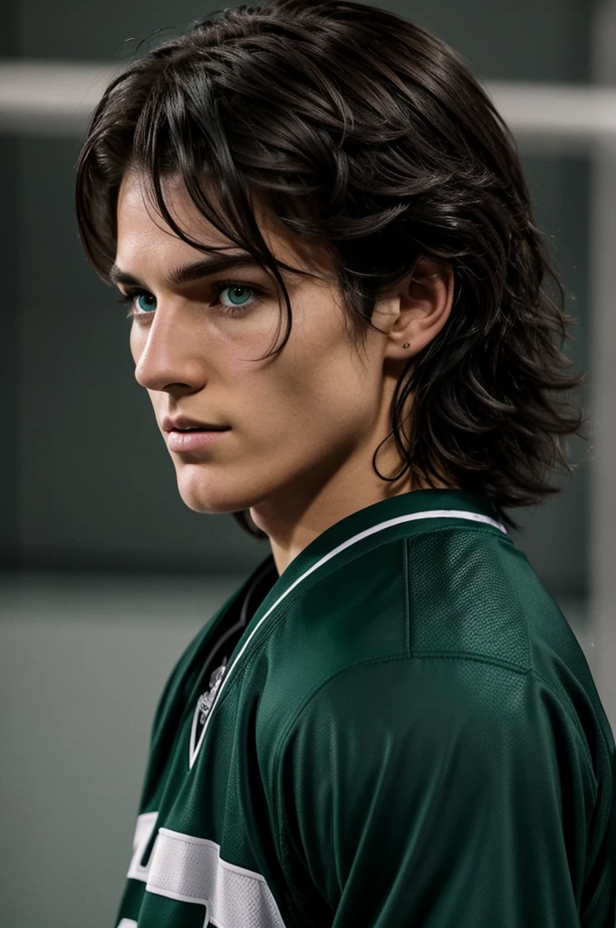 Dense, dark hair, always a little disheveled from playing hockey. A sharp jaw and a strong nose. broad shoulders, and high. Muand high.
Indecently dark eyelashes.green eyes