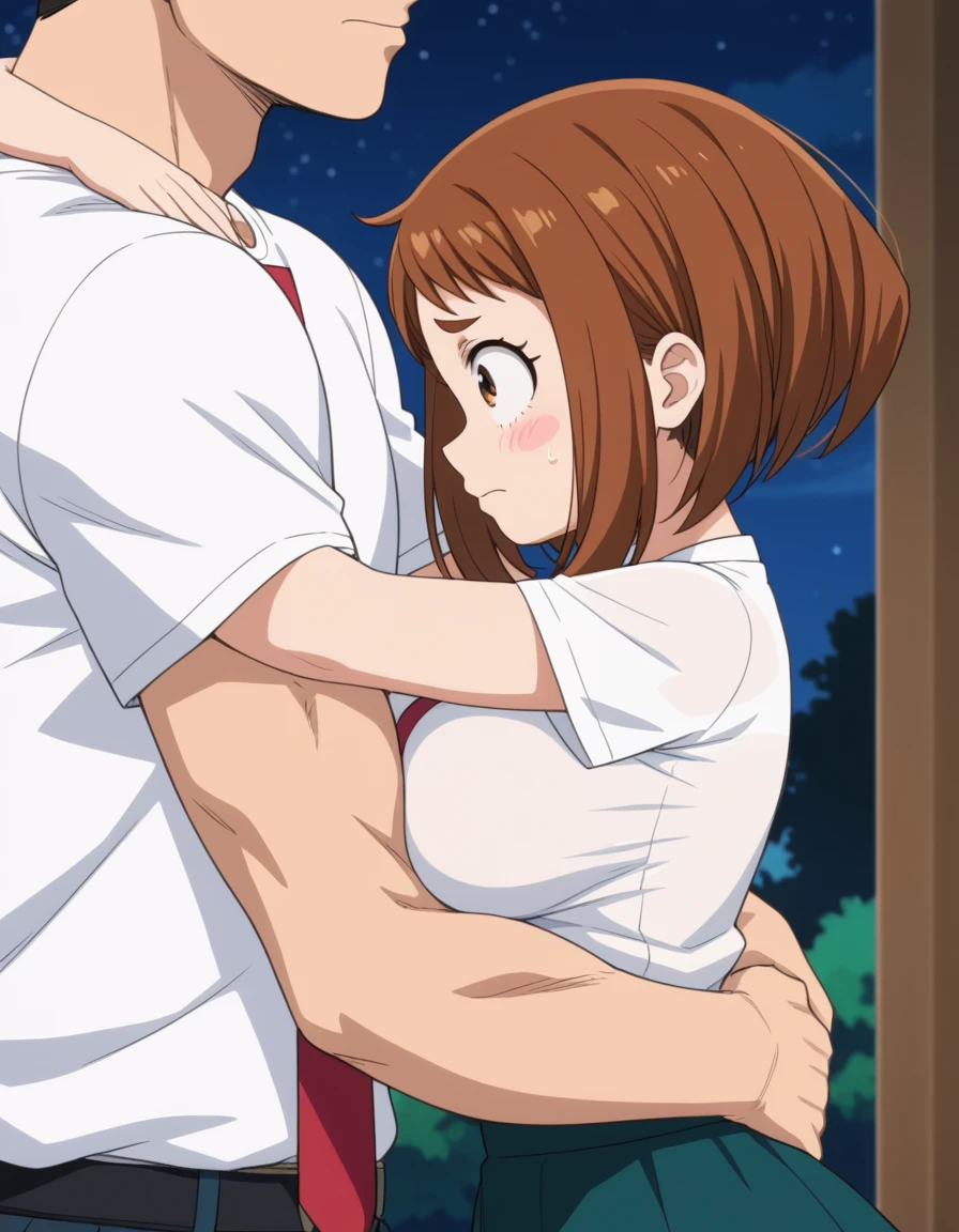 score_6_up, best quality, anime screencap, 1girl, ochako uraraka, brown eyes, brown hair, short hair, big breast, embarrassed_female, white shirts, skirt, red tie, (1boy, faceless male, male face out of frame, size difference), standing, face to face, from side view, hug, (in hotel, night)