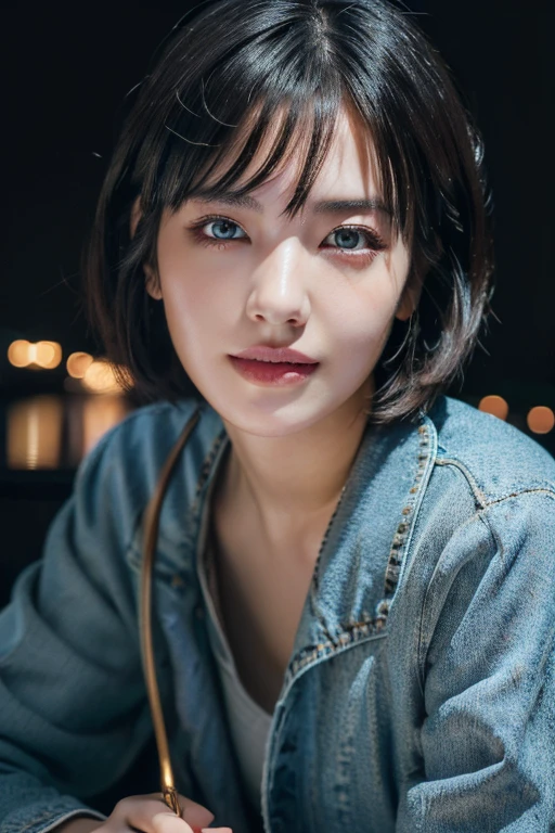 (award winning, 8k, super detailed, high resolution, best quality, photography, portrait), 1girl, solo, beautiful girl, beautiful eyes, longeyelashes, detailed eyes, (black eye), jean coat, (short hair), black hair, at night stress, neon lighting, (cross-legged) POV, standing, smiley, lens flare