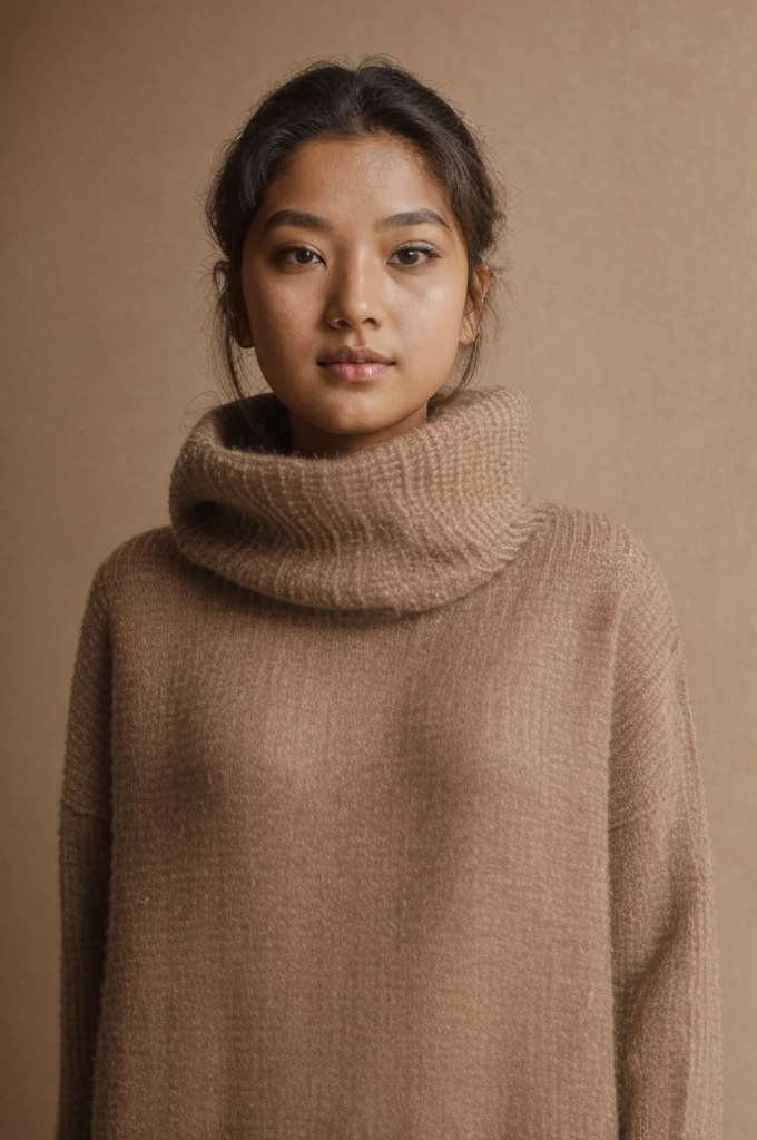 RAW photo of Rinrada,big brown sweater, neutral background, 8k hd, dslr, soft lighting, high qualiy, Film grain, Fujifilm XT3