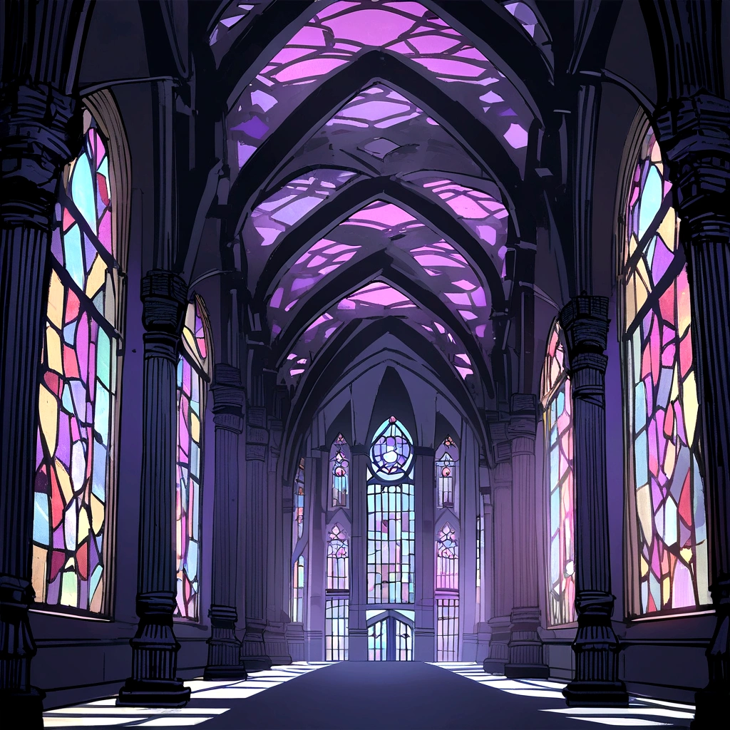 A long, wide Gothic hall with tall stained glass windows, With high ceilings and numerous pillars, At the end of the hall is a high arched passageway., 最high resolution, high resolution,.