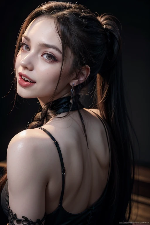 braid, long hair, ponytail, bloodshot eyes, red eyes, earrings, makeup, light smile, fangs, tongue out, ahegao, high detail, Gothic art, Hyperrealism, cinematic lighting, from behind, masterpiece, anatomically correct, high details