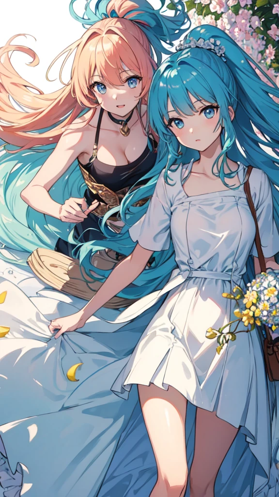 (masterpiece), (best quality), (ultra detailed),(disheveled hair),(illustration), (2girls), (Fashionable clothing), standing, Fashion model, looking at viewer, (interview), (simple background),beautiful detailed eyes, delicate beautiful face, Floating,(high saturation),(colorful splashes),colorful bubble,(shining), focus on face, ponytail, kamisato ayaka, light blue hair, bangs, hair ring, floating flowers, floating hairs, (shining), best lighting, best shadow,