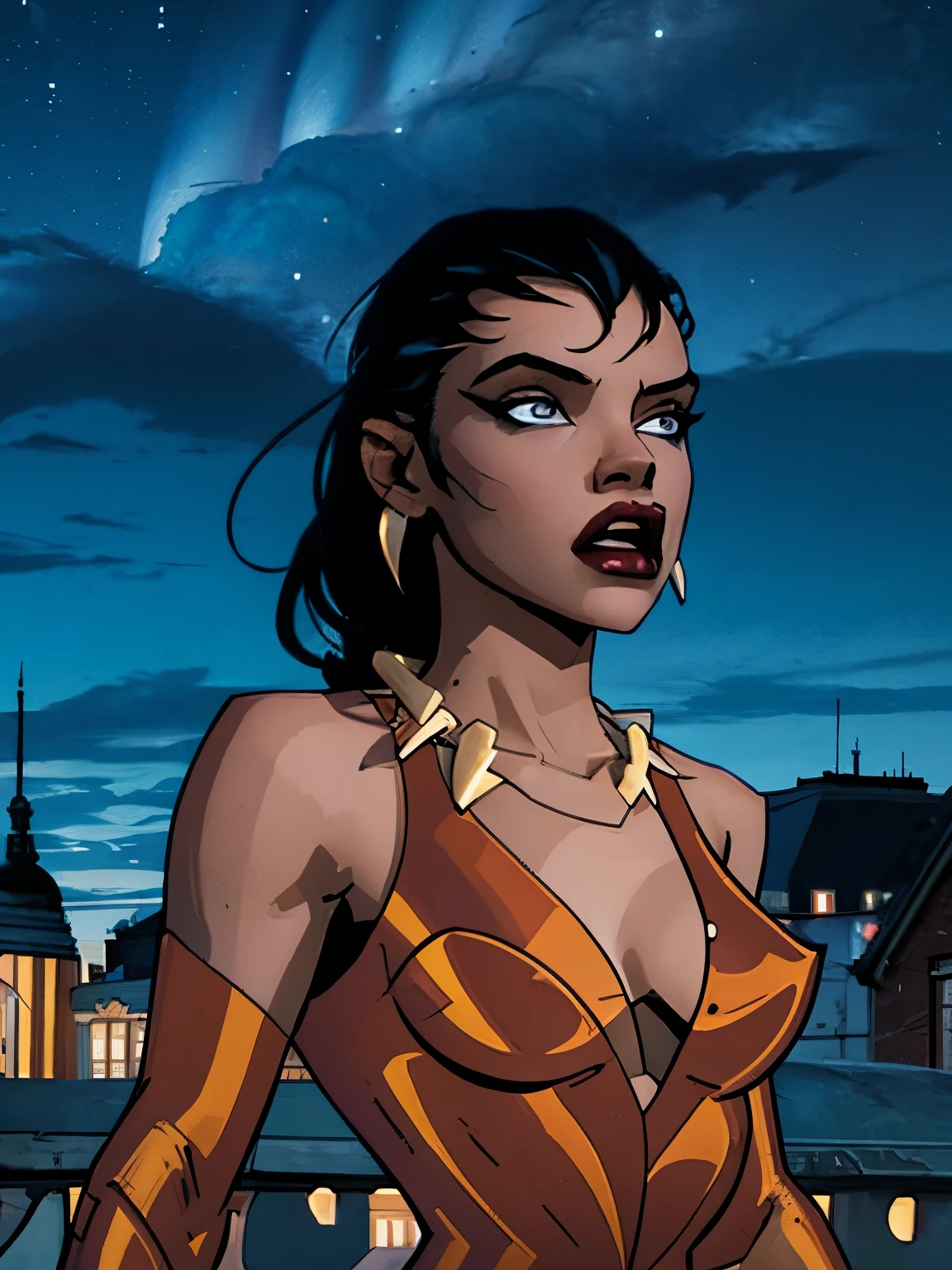 Vixen from DC comics, upper body, looking at something, surprised, night time, night sky background