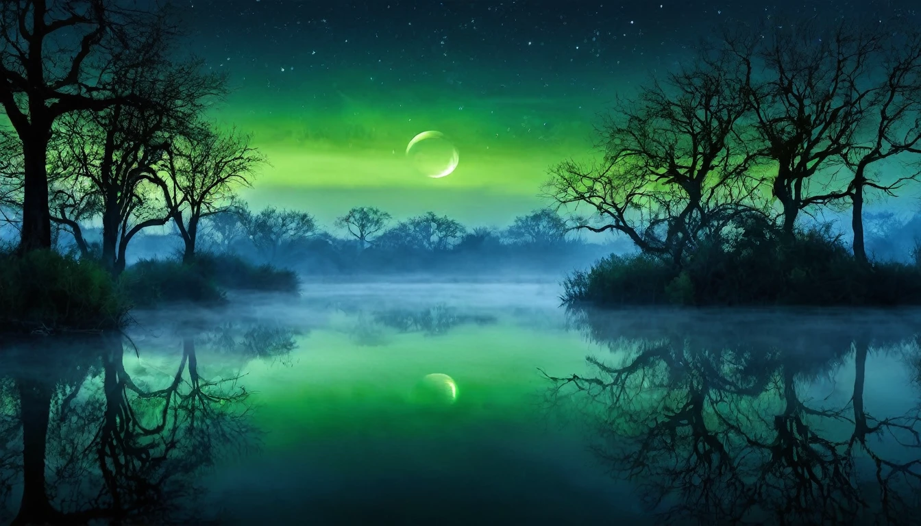 Create a mystical and ethereal image of Aleya Lights, ghost lights from Indian folklore. These lights should be depicted as floating, glowing orbs of varying sizes, emitting a soft, otherworldly light. The scene should be set in a foggy marsh or swamp at twilight, with reeds and murky water reflecting the glow of the lights. The colors of the lights should range from pale blue to green, creating a mesmerizing effect. In the background, silhouettes of twisted trees and distant, indistinct shapes should add to the eerie atmosphere. The sky should be a mix of fading daylight and encroaching night, with a few stars beginning to appear. The overall mood should be mysterious and enchanting, capturing the ethereal beauty and the eerie, elusive nature of the Aleya Lights."