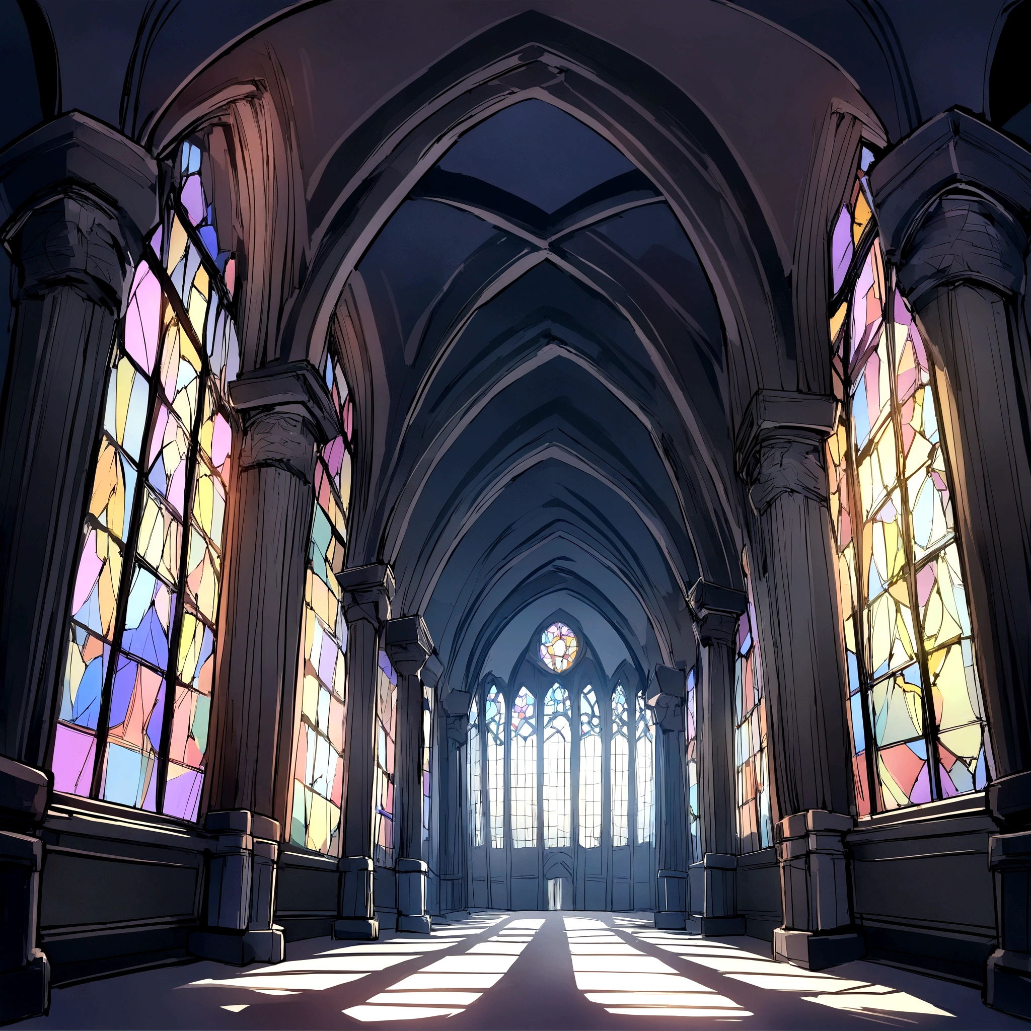 A long, wide Gothic hall with tall stained glass windows, With high ceilings and numerous pillars, At the end of the hall is a high arched passageway., 最high resolution, high resolution,.