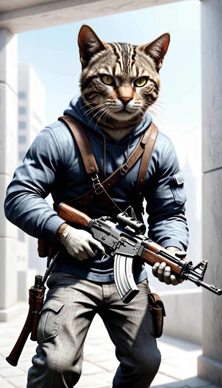 Cat bank robber holding an AK47 charging towards the viewer, detailed, Realistic, 8K Ultra HD, high quality