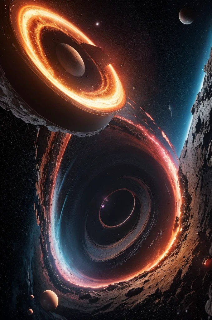 (Sagittarius A) looms large in a dramatic, 4K-hd rendered scene. The (black hole) dominates the composition, its massive gravity warping space-time with immense force. A colossal accretion ring swirls around it, radiating energy and matter as if on the cusp of catastrophic collapse. Manga-anime influences subtly infuse the design, imbuing the scene with stylized, high-energy flair.,mona