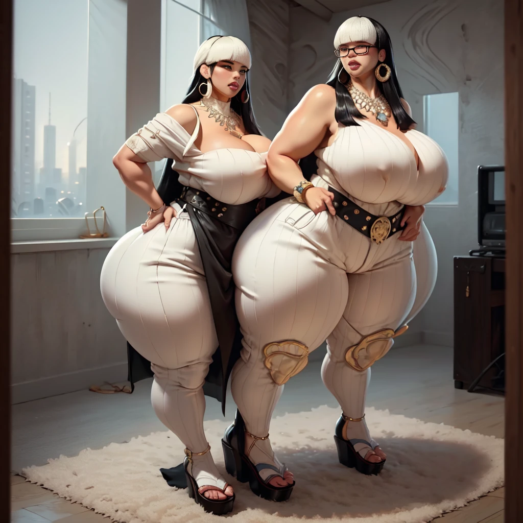 ((best quality)), ((masterpiece)), (detailed), perfect face, thicc woman, beautiful face , thicc girl , widest hips , thicc , thicc body , thicc thighs , slim arms, huge large breasts, her body is thicc, full body view, dark-black room, black bokeh background, thight dress, wearing sandles, short hairstyle, diamond necklace, wearing a watch, tall woman, restore face, white skin , longest thight pants , glasses , cold vibes, , 4k resolution, japanese goddess