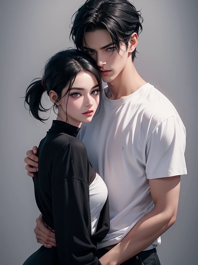 A tall handsome young man with black hair, with long black hair gathered in a tight ponytail, short bangs, black eyes, he is wearing a white T-shirt and white jeans and he hugs an incredibly beautiful femme fatale young woman, she has a pink hair with a very short haircut standing next to him, she has brilliant green eyes, She is wearing a simple black dress. Masterpiece, perfect image, realistic pictures, detailed face study, full-length image, 8k, detailed image. an extremely detailed illustration, a real masterpiece of the highest quality, with careful drawing. Sasuke Uchiha and Sakura Haruno