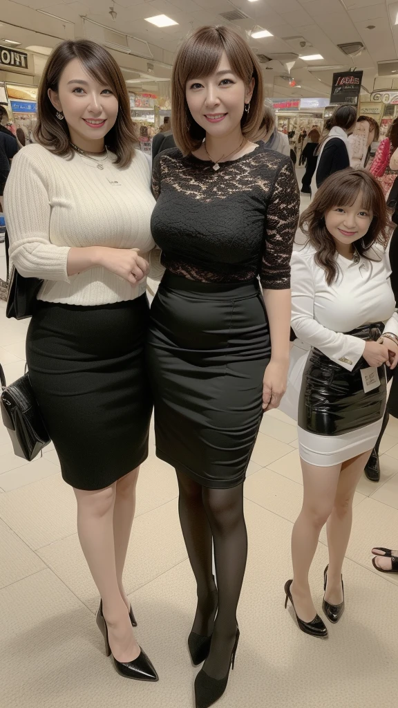 (Best Quality, Masterpiece, Photo realistic, Ultra Detailed, ultra high res, raw:1.3), (4girls), beautiful, Japanese, mature, 28yo, (tight knit, pencil skirt), (smile), long hair, bangs, high-waist, necklace, shopping mall, (long legs, high heels, full body:1.2), (big breasts:1.3)