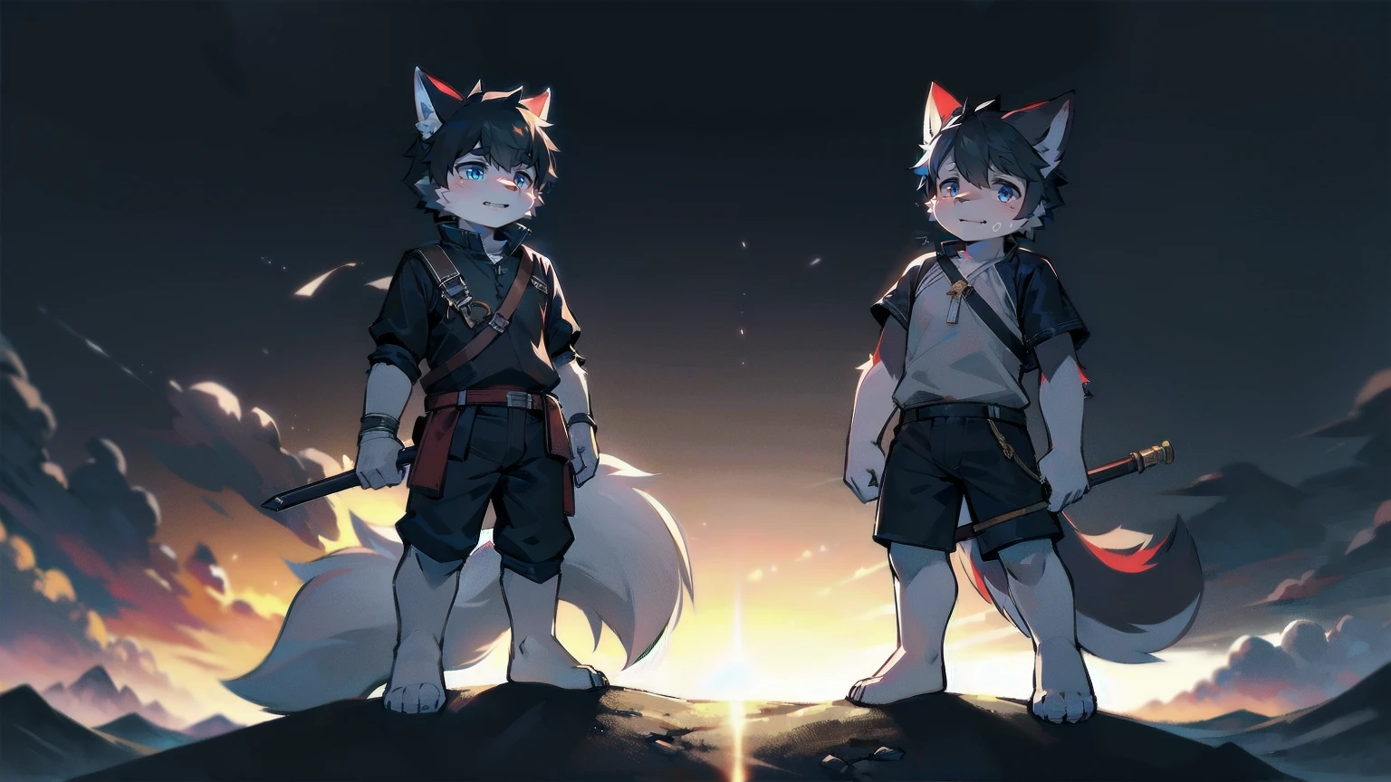White Wolf,black hair,Sky blue eyes,hairy,Wolf ears,Wolf tail,Full body portrait,The character is in the center of the frame,Handsome,Confident eye***but,juvenile,Black and white combat uniform,Red neck bib,Black shorts,Short sleeve,hairy arms and legs,Dark background,Dark battlefield,dawn,sunrise,dawn,illumination,shadow,Swordsman,Scabbard and Hold the hilt of a in your hand,The scabbard is at the waist,Highest quality,A tall stature