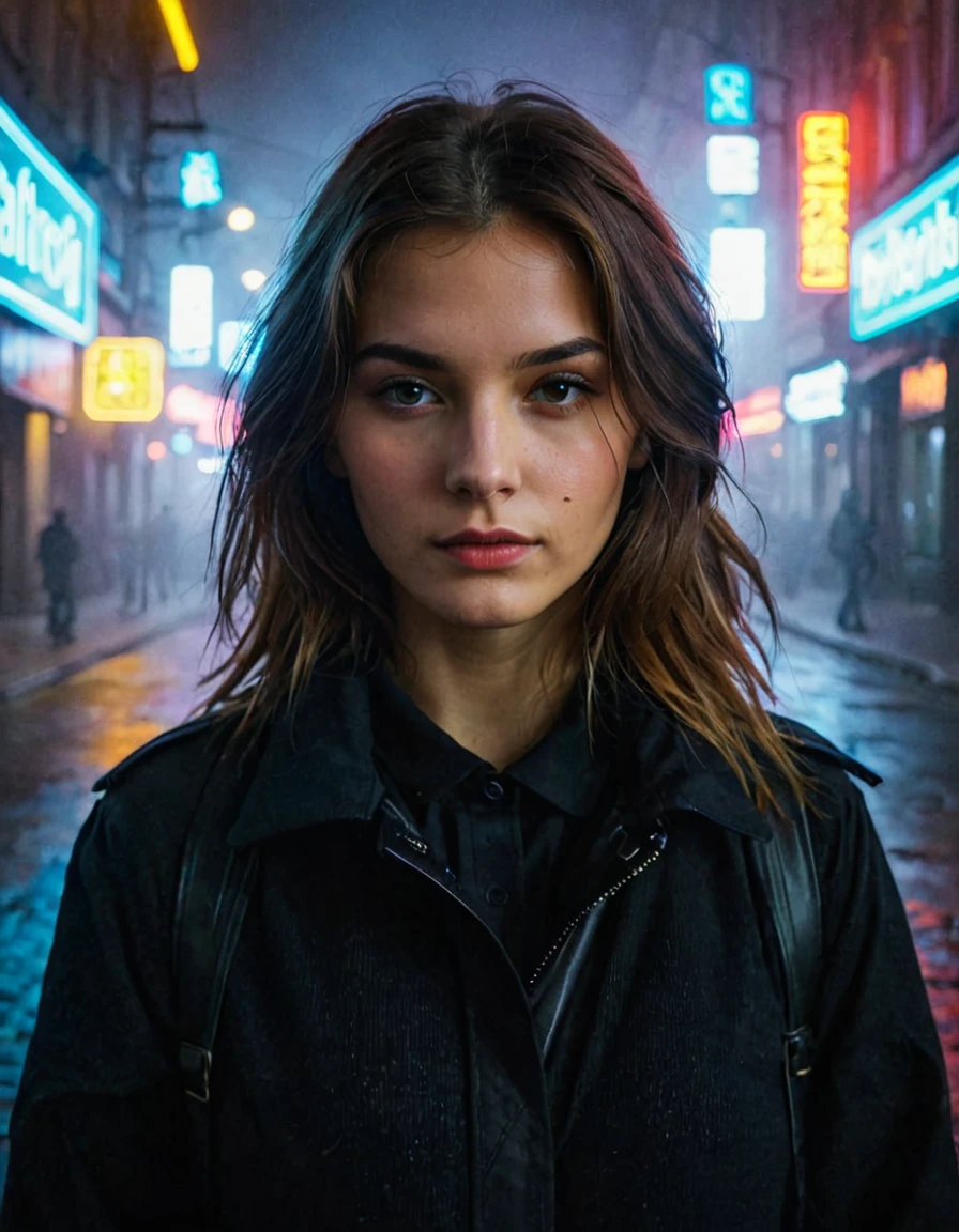 city street, neon, fog, volumetric, closeup portrait photo of young woman in dark clothes