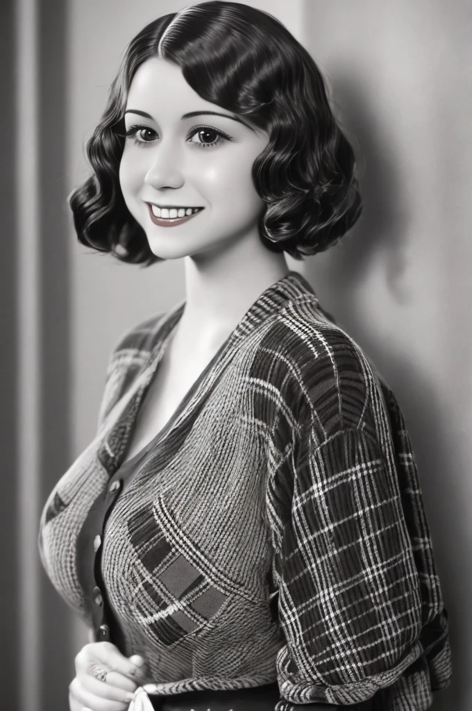 a black and white photo of a woman with a plaid sweater, 1 9 3 0 s haircut, 1 9 4 0 s haircut, 1 9 2 0 s hairstyle, taken in the early 1930s, in her early 20s, 1930s photograph, september 1937, 1930s film still