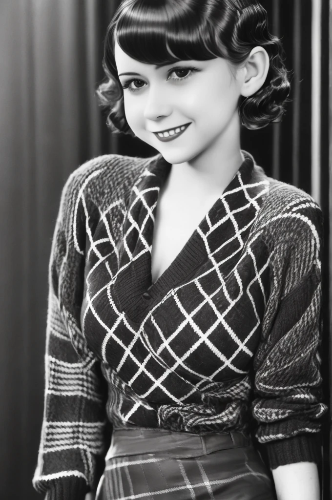 a black and white photo of a woman with a plaid sweater, 1 9 3 0 s haircut, 1 9 4 0 s haircut, 1 9 2 0 s hairstyle, taken in the early 1930s, in her early 20s, 1930s photograph, september 1937, 1930s film still
