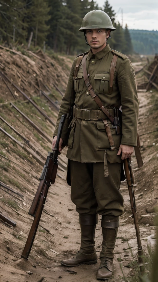 (masterpiece), best quality, expressive eyes, perfect face, All quiet on eastern Front, man, trenches, dirty, Green uniform, realistic, HD, Rifle, Russian empire, Russian man, helmet, Tannenberg, imperial, full body, round helmet