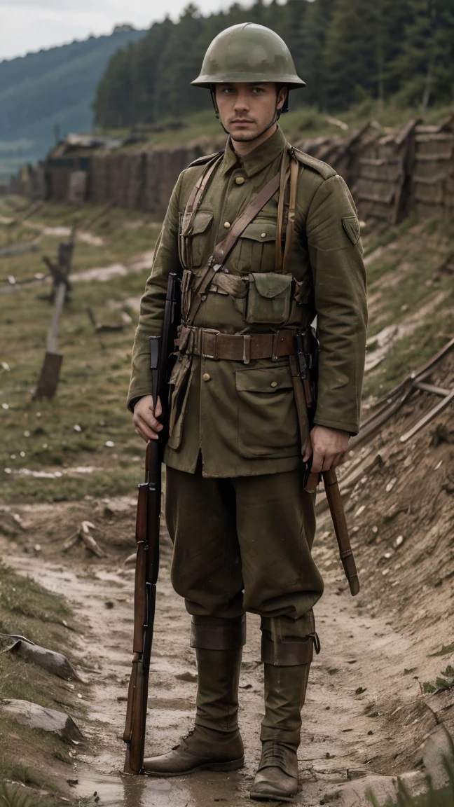 (masterpiece), best quality, expressive eyes, perfect face, All quiet on eastern Front, man, trenches, dirty, Green uniform, realistic, HD, Rifle, Russian empire, Russian man, helmet, Tannenberg, imperial, full body, round helmet