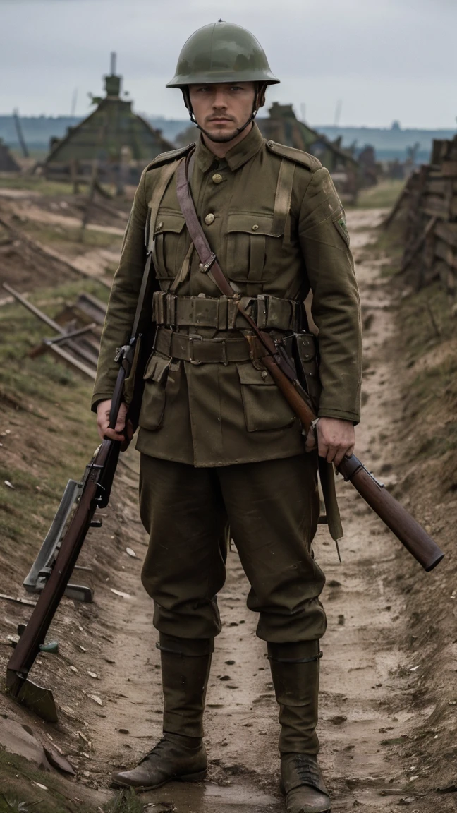 (masterpiece), best quality, expressive eyes, perfect face, All quiet on eastern Front, man, trenches, dirty, Green uniform, realistic, HD, Rifle, Russian empire, Russian man, helmet, Tannenberg, imperial, full body, round helmet