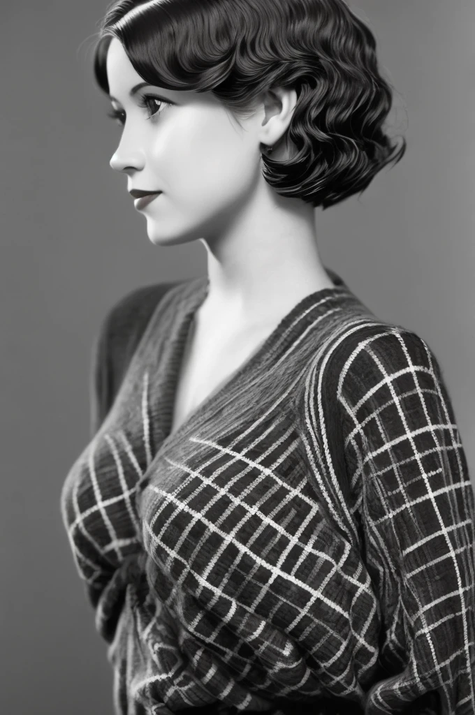 a black and white photo of a woman with a plaid sweater, 1 9 3 0 s haircut, 1 9 4 0 s haircut, 1 9 2 0 s hairstyle, taken in the early 1930s, in her early 20s, 1930s photograph, september 1937, 1930s film still