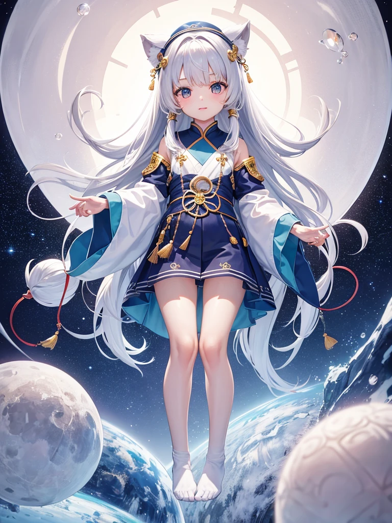 独奏,li,masterpiece, high resolution, best quality, Very detailed,wallpaper,Space starry sky background,Cute and cute,A body made of white jade,Silver long hair,Height one meter five,V-shaped jumpsuit,Full body picture,No shoes,Very small feet,Feet made of white jade,Detail of reproductive organs,Directly facing the top view