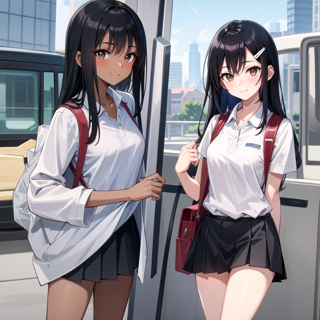 Giant maiden in sneakers,A girl taller than a building,Uniform polo shirt,Short skirt,Crouching girl,Train with miniature toys in your hands ((best quality)), ((masterpiece)), (detailed), 1girl, sexly((best quality)), ((masterpiece)), (detailed), 1girl, sexly((Highest quality)), ((masterpiece)), (detailed), One girl, Sexy expensive body, expensive, Long legs, mature female, mature, Adult, It is_nagatoro_main, nagatoro hayase, One girl, blush, alone, White polo shirt、 Black Hair, bag, Brown eyes, hair ornaments, View your viewers, Hair Clip, Outdoor, Backpack, smile, Long Hair, White shirt, Dark skinned women, Dark Skin, , bangs, Day, skirt, Collared shirt, clavicle, Ear Clip, Rolled up my sleeves, Mouth closed, wood, asymmetrical bangs, Upper Body