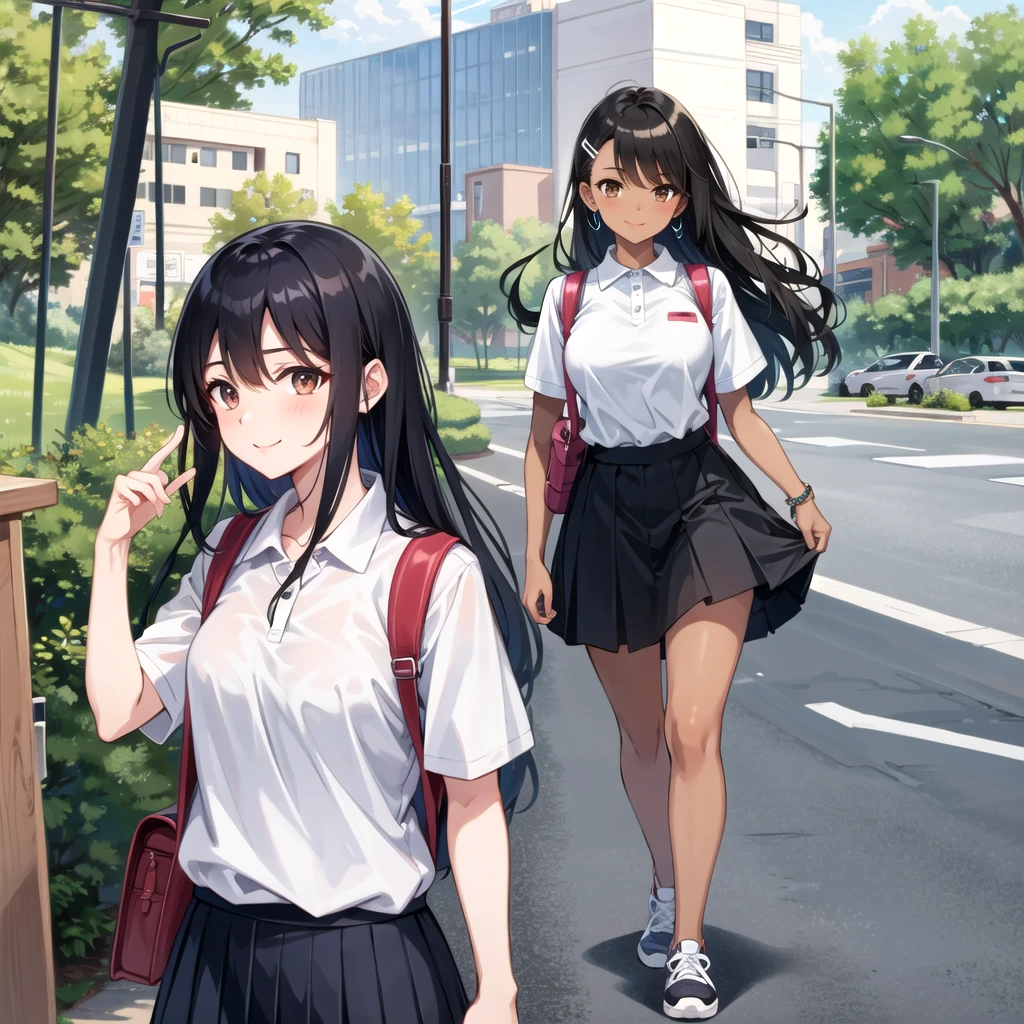 Giant maiden in sneakers,A girl taller than a building,Uniform polo shirt,Short skirt,Crouching girl,Train with miniature toys in your hands ((best quality)), ((masterpiece)), (detailed), 1girl, sexly((best quality)), ((masterpiece)), (detailed), 1girl, sexly((Highest quality)), ((masterpiece)), (detailed), One girl, Sexy expensive body, expensive, Long legs, mature female, mature, Adult, It is_nagatoro_main, nagatoro hayase, One girl, blush, alone, White polo shirt、 Black Hair, bag, Brown eyes, hair ornaments, View your viewers, Hair Clip, Outdoor, Backpack, smile, Long Hair, White shirt, Dark skinned women, Dark Skin, , bangs, Day, skirt, Collared shirt, clavicle, Ear Clip, Rolled up my sleeves, Mouth closed, wood, asymmetrical bangs, Upper Body
