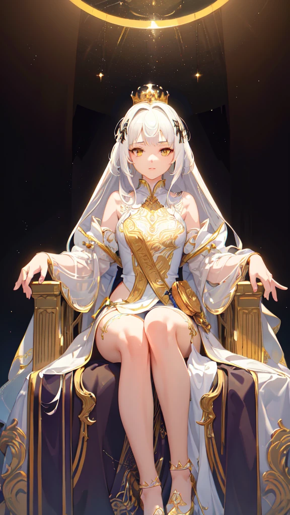 (Masterpiece:1.2), best quality, (illustration:1.2), (ultra-detailed), hyper details, (delicate detailed), (intricate details), (cinematic light, best quality Backlights), clear line, from below, soloist, perfect body, (1girl), white hair and yellow eyes, (emperor, black see-through clothes), (crown: 1.1), sitting on the throne, eyes slightly closed, head down, (shy: 1.2 ), (makeup), high contrast, (best illumination, an extremely create and beautiful), (cinematic light), colorful,
