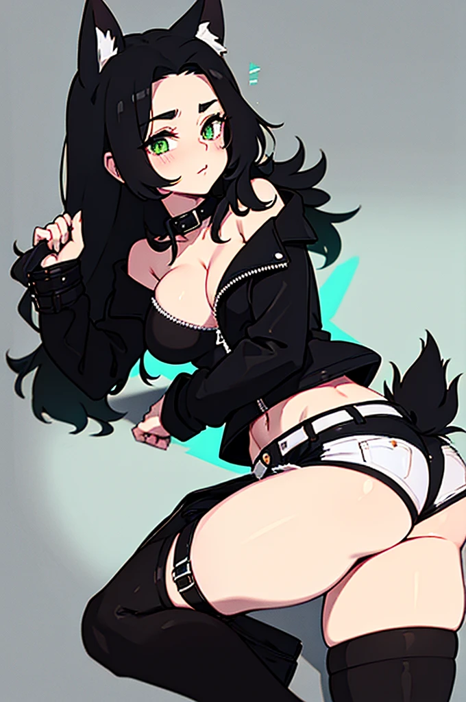 young kitten with green eyes, fluffy fur (black and white), in a sexy pose, wearing a tight short jean shorts, and a black leather jacket, with a fluffy tail